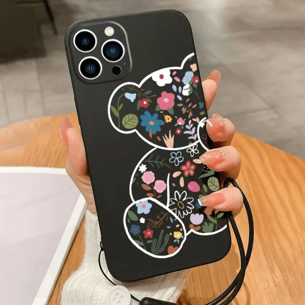 Brand New Gorgeous Floral Bear Phone Case with Lanyard for iPhone 14 Pro Max